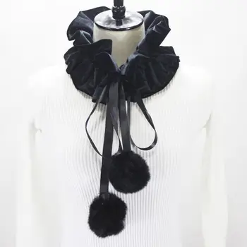 

Womens Victorian Ruffled Fake Collar Pleated Velvet Neck Ruff with Pompom Ties AXYD