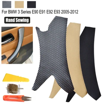 

Leather Hand Sewing Leather Pull Trim Interior Door Handle Cover Carbon Texture/Black For BMW 3 Series E90 E91 E92 E93 2005-2012