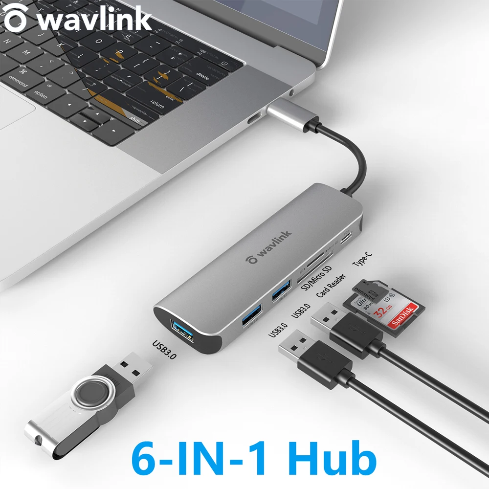 

Wavlink USB HUB C 6 in 1 USB C To USB 3.0 Dock TF SD Card Reader PD For MacBook Pro USB-C Type C 3.1 Splitter USB C HUB Adapter