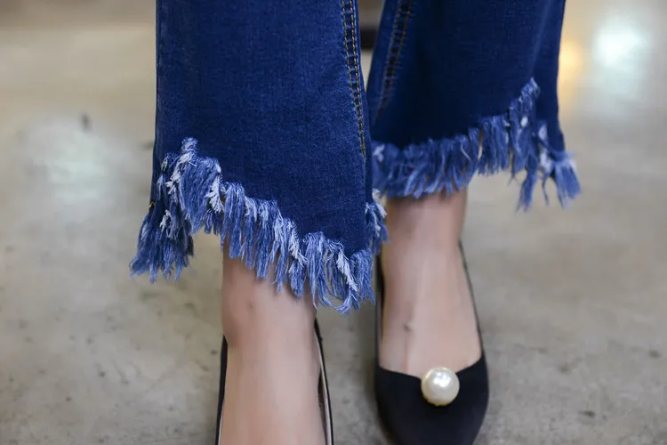 Korean-style High-waisted Black Ankle-length Trumpet Jeans Women's Irregular Flash Tassels Spring Slimming Boot-Cut