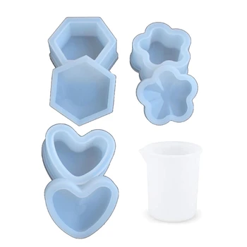 

3Pcs Box Resin Molds，Jewelry Box Molds with Heart Shape, Flower Shape, Hexagon Mold for Making Resin with Meauring Cup