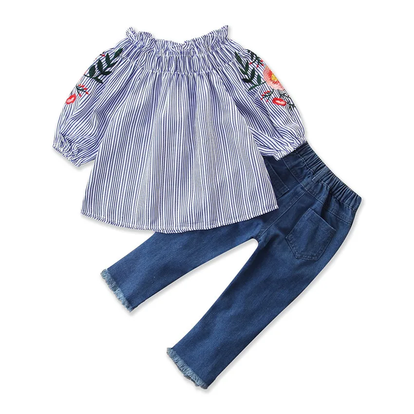 EABoutique/детская одежда г. Модный костюм для девочек рубашка с вышитыми плечами и джинсы комплект из 2 предметов для маленьких девочек Q1202