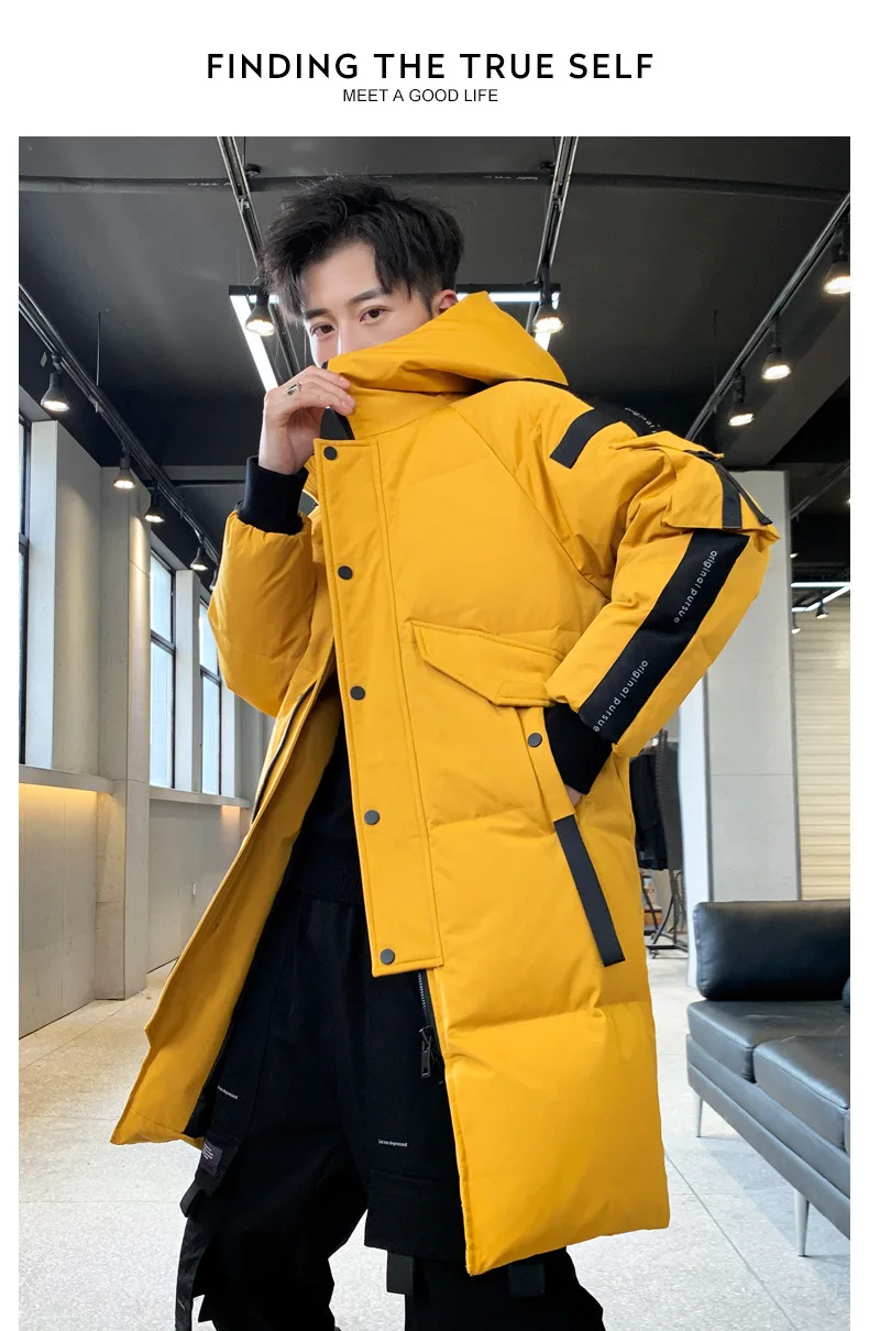 Winter New Style down Jacket Men Korean-style Mid-length Hooded Warm White Duck down Casual Coat