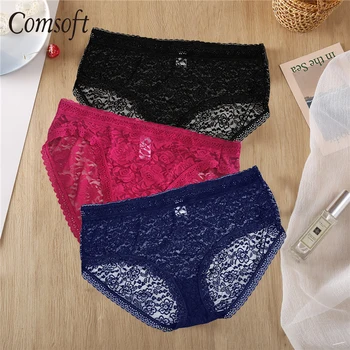 

Comsoft women's panties sexy lace women underwear 3pcs/Lot hollow cut high waist women briefs solid color S-XXXL Women Underpant
