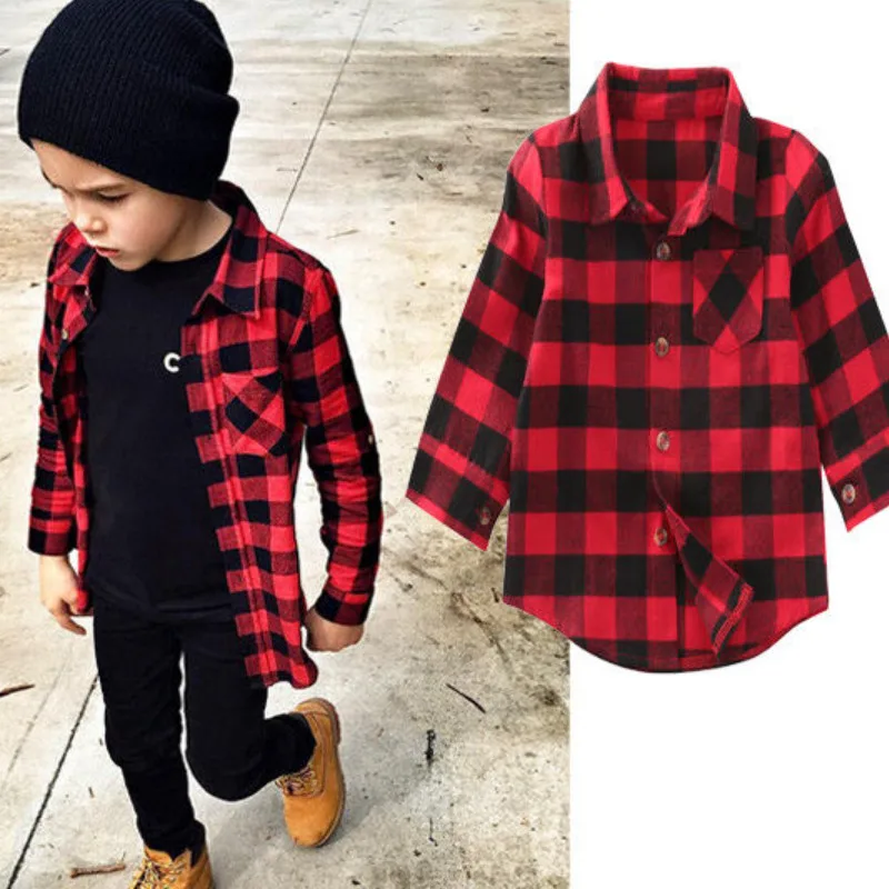 New Toddler Kids Baby Boys Printed Plaid Shirt Spring Autumn Long Sleeve New Fashion Children Clothes 1-7T