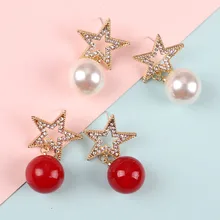 925 сплав иглы красный жемчуг пятиконечная звезда серьги женский темперамент Корейская версия диких высокое качество геометрические серьги для ногтей