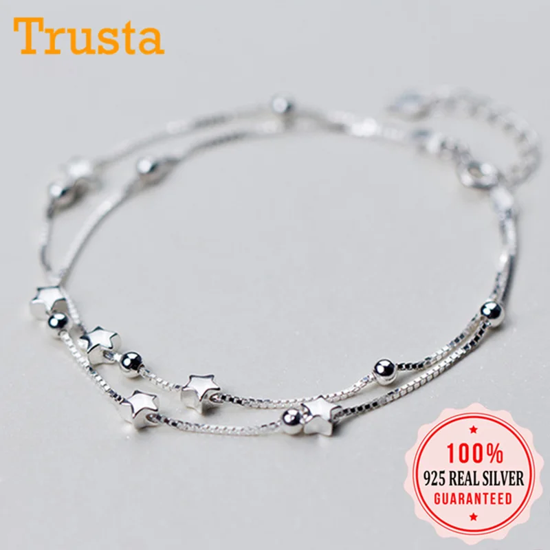 Trusta 925 цельное Настоящее Стерлинговое Серебро модный двухслойный браслет с бусинами в виде звезд 17 см для женщин и девушек серебряные ювелирные изделия DS1211