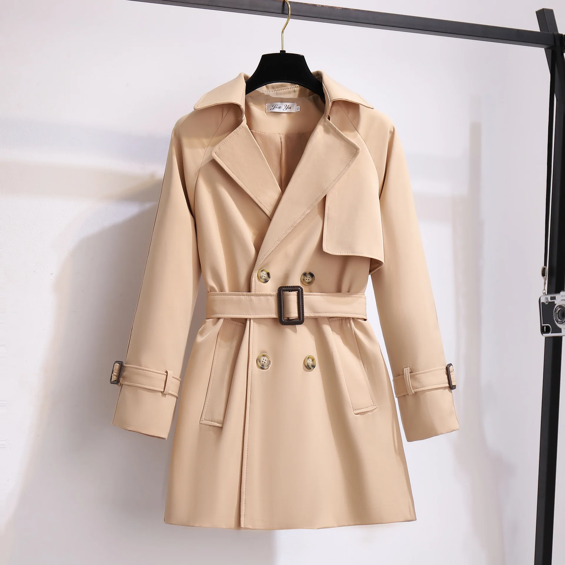 

Windbreaker women's autumn 2021 new fashion casual loose double-breasted belt lapel long-sleeved solid color jacket