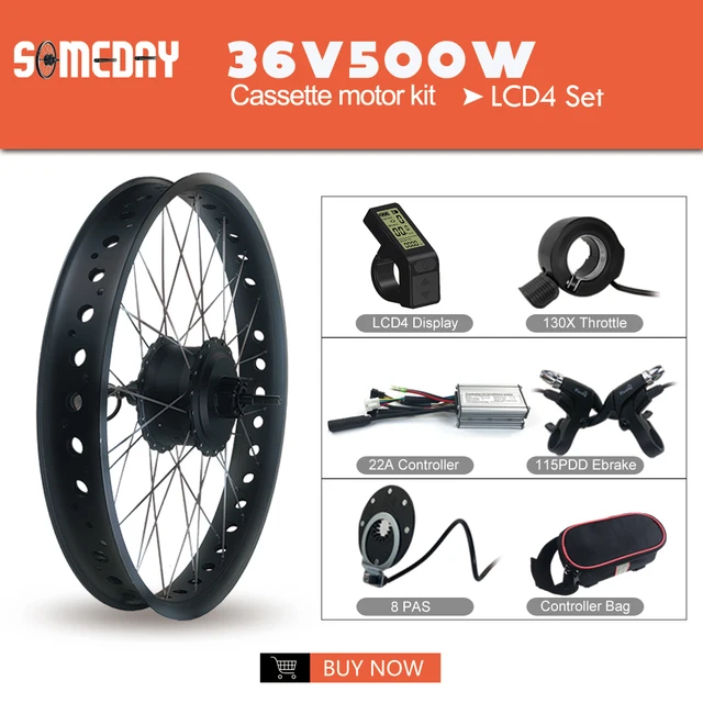 SOMEDAY 36V/48V 500W Snow Bike Electric Bicycle Conversion Kit 20 26 Inch Wheel Rear Cassette Hub Motor for Fat Tire Bike 36V LCD4 Set