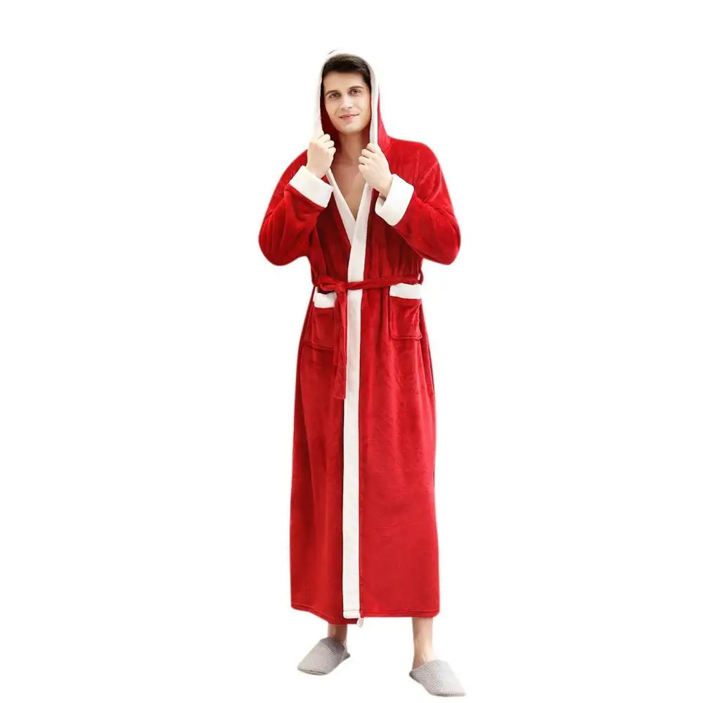 Рождественская Мужская накидка, длинный халат с капюшоном, зимняя фланелевая теплая Рождественская Домашняя одежда с длинными рукавами, мужской халат, пальто, пижама mujer - Цвет: Красный