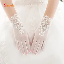 Белые кружевные блестящие Украшенные бусинами Свадебные перчатки длина запястья Короткие Вечерние перчатки для женщин полный палец платье перчатки G70