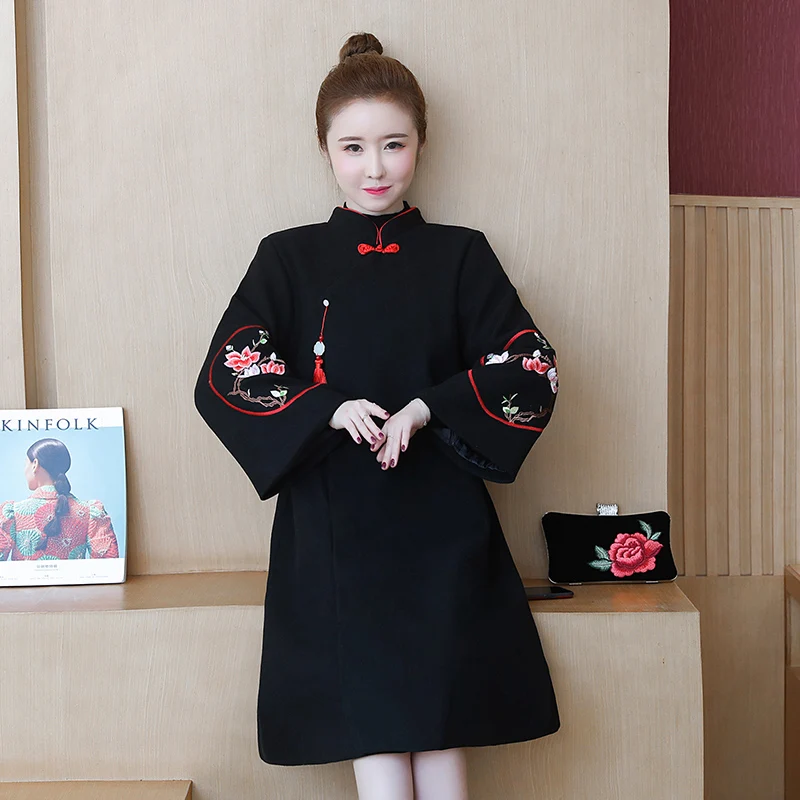 Китайский стиль традиционный Восточный Чонсам свадебное платье вышивка qipao Свободные Шерстяные Теплые cheongsam зимний женский халат - Цвет: color1