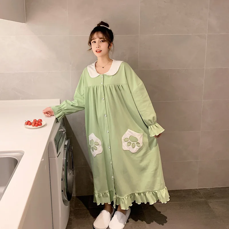 

Nightgown Women's Spring And Autumn Pure Cotton Korean-style Loose And Plus-sized Long over-the-Knee Cardigan Tracksuit Sweet-Ou