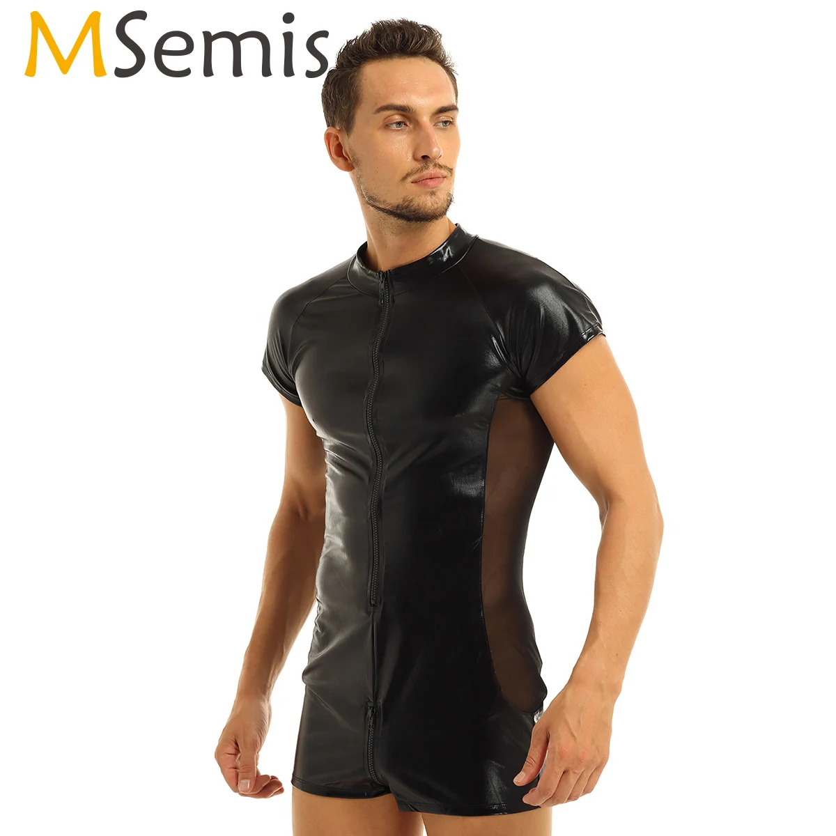 

Mens Thong Leotard Bodystocking Leather Body Suit Front Zipper Gay Thong Bodysuit Men Leotard Wrestling Singlet with Mesh Side