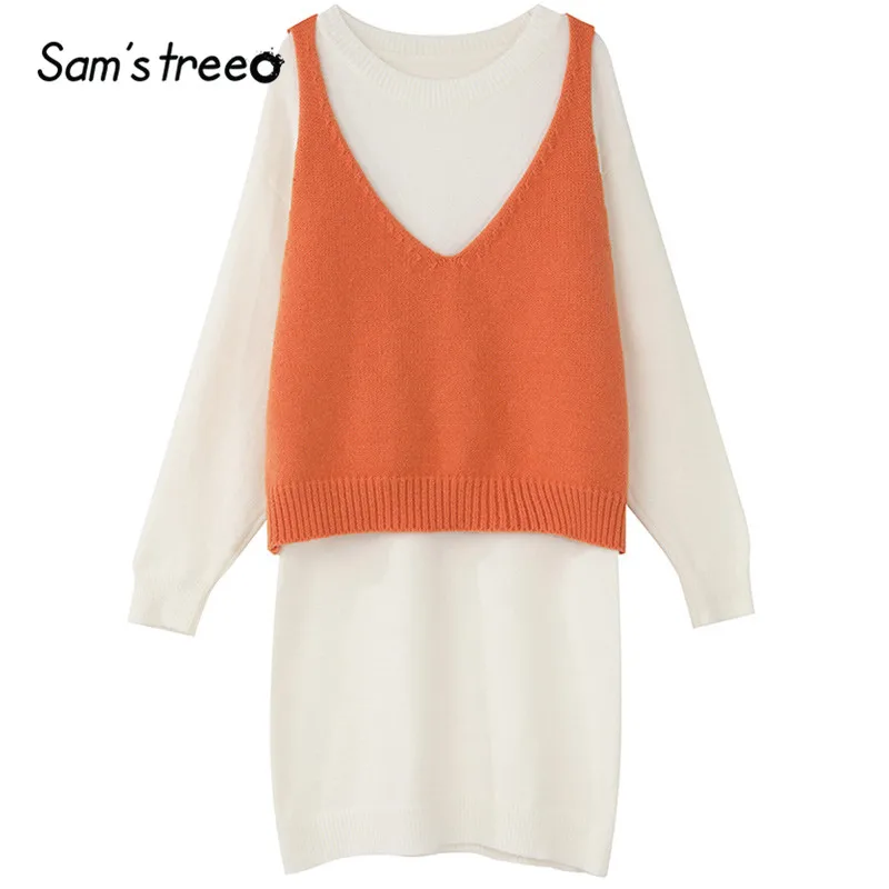 SAM'S TREE White Solid Minimalist Style Two Piece Sets Women Winter Orange Pure Loose Casual Office Ladies Matching Set