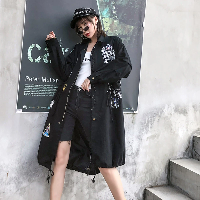 ZURICHOUSE Punk Long Coat For Women Fashion Plus Size Loose Spring Outwear Street Style Print Rivet Trench Female