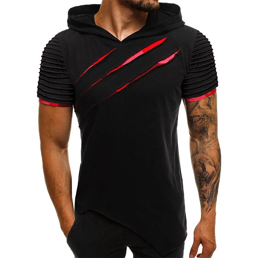 

Casual Hooded Summer T-Shirt Mens Soild Plus Size Camouflage Fitness Pleated Short Sleeve Tops Men Punk Irregular T-Shirts Male