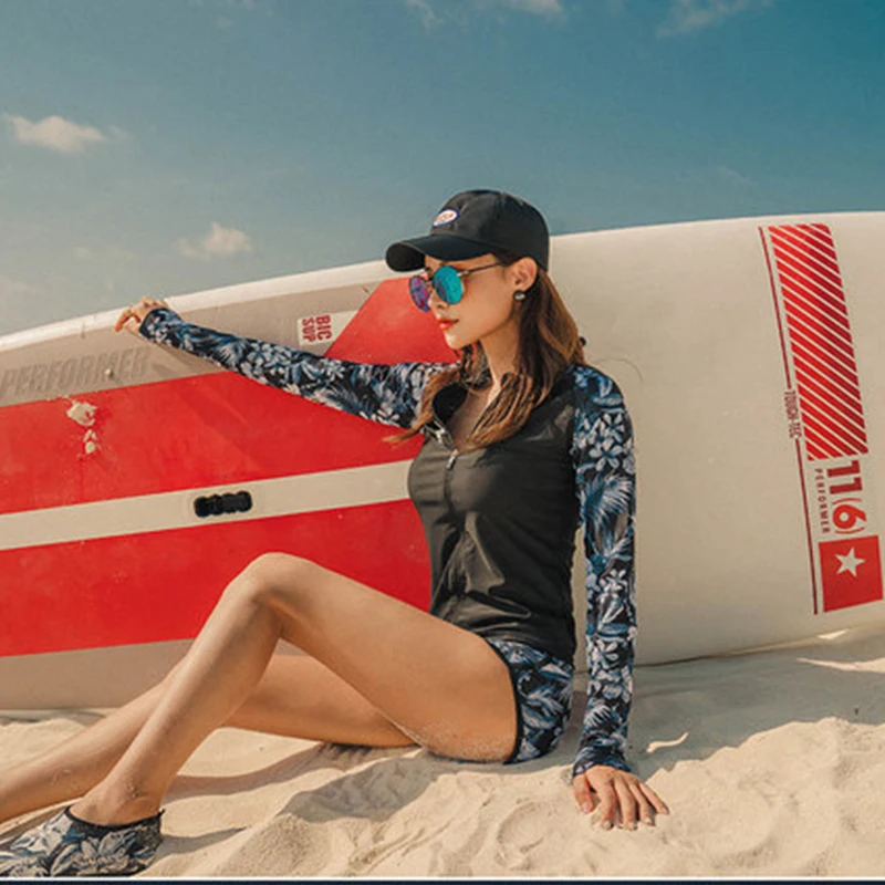Couples Rashguard swimwear women men solid blue print sportsuit bathing suit long sleeve front zipper shorts bathing suit