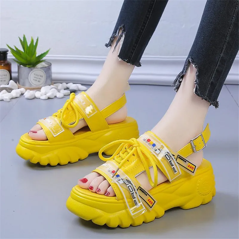 

2020 Summer Chunky Sandals Women 8cm Wedge High Heels Shoes Female Buckle Platform Leather Casual Summer Slippers Woman Sandal