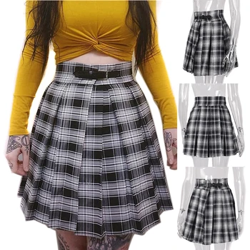 

Gothic High Waist Pleated Skirts Women Punk School Style Ruched Black Pleated Mini Skirts Buckle Streetwear Spring