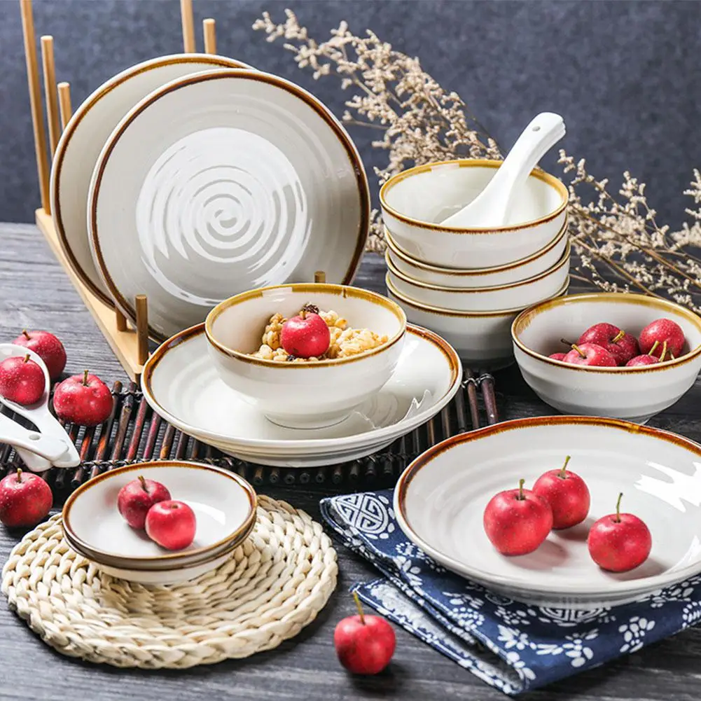 

GloryStar 18-Piece Ceramic Kitchen Dinnerware Retro Style Tableware Set Include Bowls Plates Sauce Dishs Soup Spoons