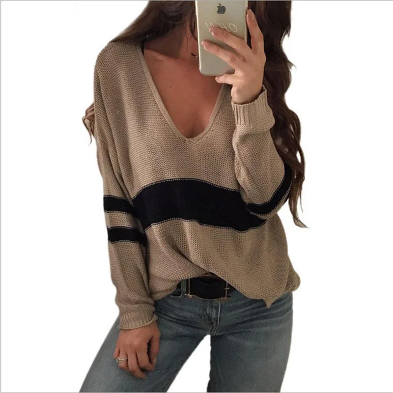 

Autumn 2020 Women's Sweater Women Fashion Stitching Stripes V-neck Long Sleeve Loose Sweater All-match Maglioni Donna Wn*