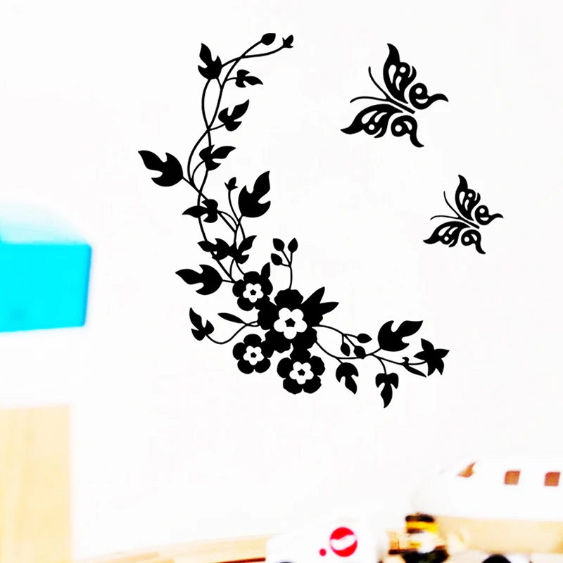Black Vinyl Butterfly Flower Wall Stickers For Home Decor Living Room Kitchen Bathroom Flora Mural Wall Decoration Accessories