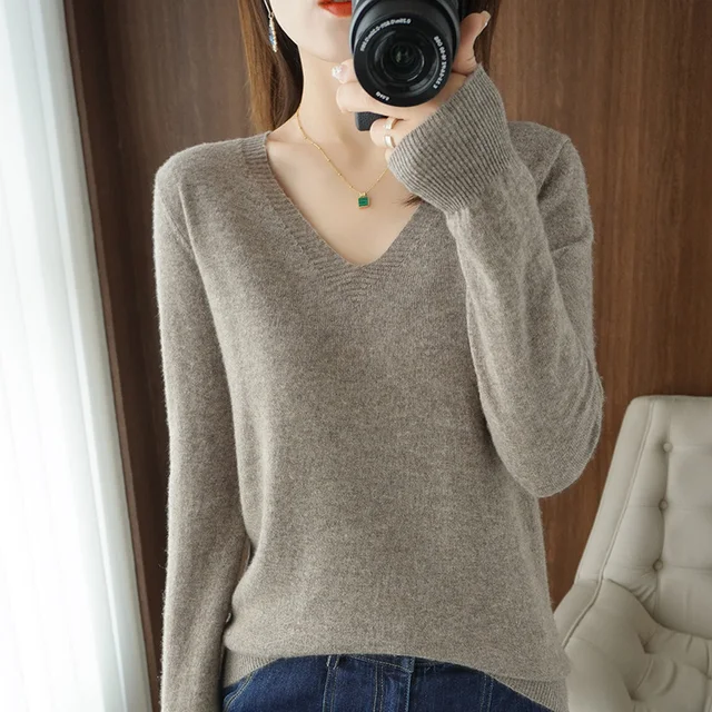 Autumn Winter New Cashmere Sweater Women Keep Warm V-neck Pullovers Knitting Sweater Fashion Korean Long Sleeve Loose Tops Dark camel