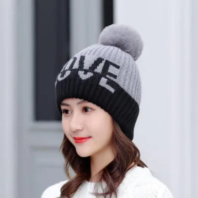 Хлопковые шапки-бини, шапка для взрослых, зима-осень, женские меховые шапки с помпонами, шапки, милые вязаные шапки с помпоном, меховые шапки - Цвет: Single cap gray
