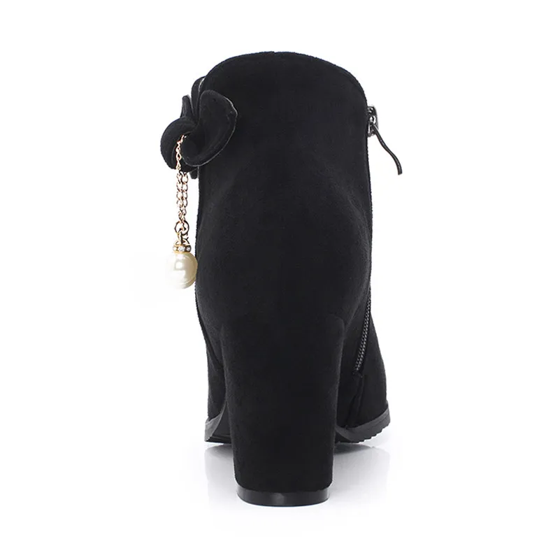 ANNYMOLI Winter Ankle Boots Women Boots Bow Zipper Thick Heel Short Boots Pearl Super High Heel Shoes Lady Autumn Big Size 33-43 ANNYMOLI Winter Ankle Boots Women Boots Bow Zipper Thick Heel Short Boots Pearl Super High Heel Shoes Lady Autumn Big Size 33-43