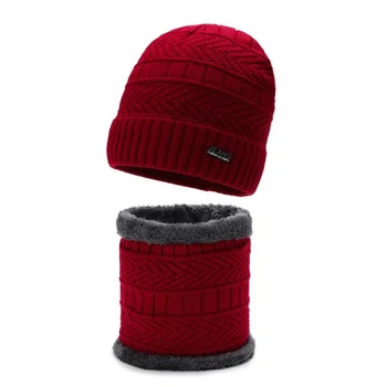 

2pcs/set Men Women Winter Knitted Beanie Hat Scarf Set Plus Velvet Warm Skullies Beanies Hat Neck Scarves Set