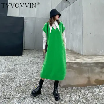 

TVVOVVIN Size Knit Plus Dress Women Fashion Solid Color V Neck Sleeveless Maxi Dresses for Women Fashion Winter Clothes XJ5241