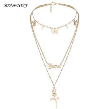 

Benetory Flower Three Layers Body Hollow Letter Necklace 2021 New Sweet Fashion Retro Mix And Match Rose Butterfly Necklace