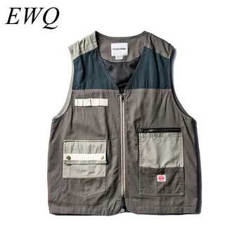 

EWQ / high quality men's wear 2020 spring summer fashon new Work Clothes tops many Pocket Hit Color Split Joint Vest Male 9Y790