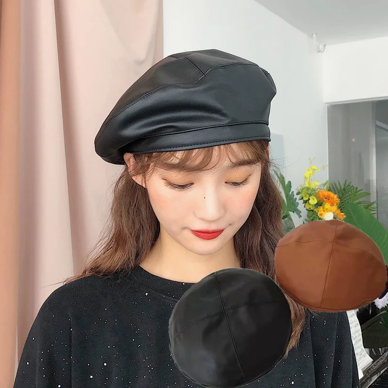 

Boinas Para Mujer Beret Female Pu Leather British Retro Wild Japanese Pumpkin Painter Hat Sombreros De Mujer Kapelusz Chapeu