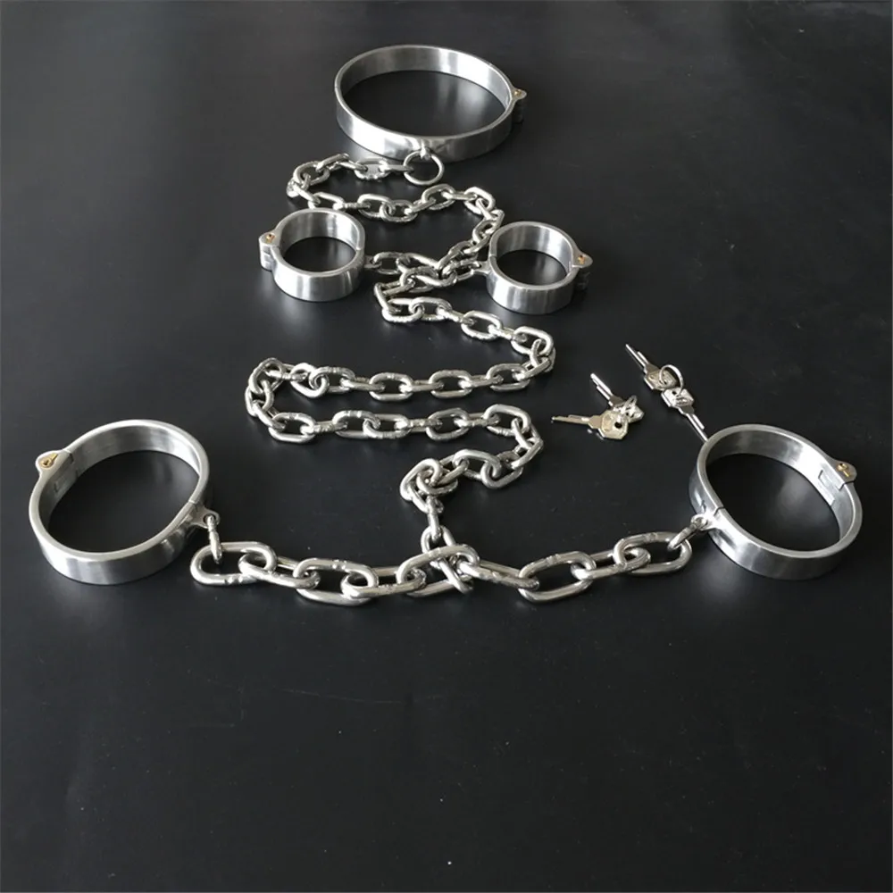 BDSM Sex Toys 304 Stainless Steel Lockable Neck Collar Hand Ankle Cuffs Femdom Slave Bondage Handcuffs Leg Restraints Sex Toys 2