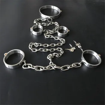 BDSM Sex Toys 304 Stainless Steel Lockable Neck Collar Hand Ankle Cuffs Femdom Slave Bondage Handcuffs Leg Restraints Sex Toys