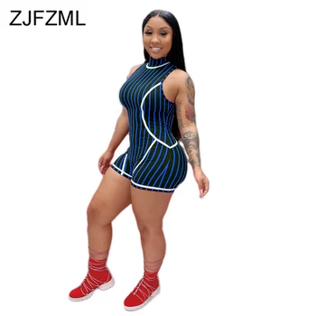 

Striped Sleeveless Sexy Bodysuit Women Turtlenecks Bodycon Short Playsuit Summer 2020 Fitness Backless Bandage One Piece Overall