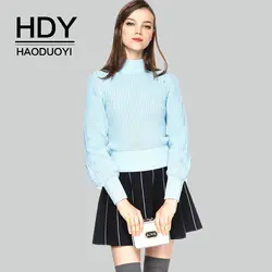 HDY Haoduoyi для женщин Повседневное водолазка фонари рукавом свитер отверстия плеча вязаный Топы корректирующие пуловер Джемперы дамы синий