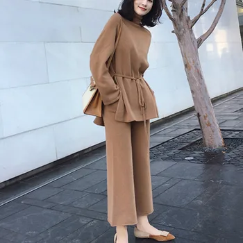 

Autumn Winter Knitted Sweater Set Women Two Piece Suits Wide Leg Pants Suit Long Sleeve Elegant 2 Piece Sweater Pants Set 2020
