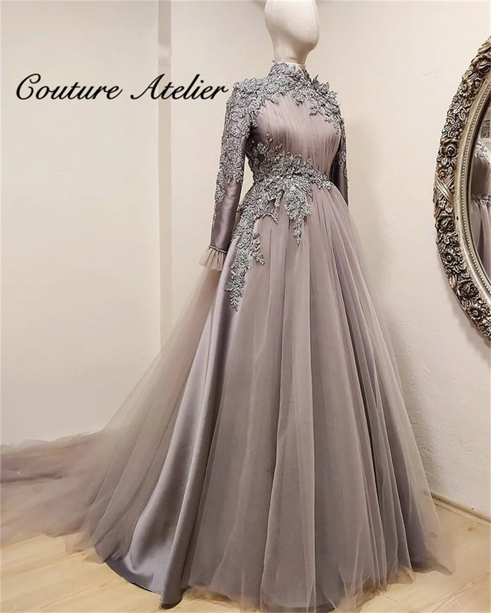 Muslim Evening Dresses Dubai Prom Dress Long Sleeve Islamic Gown A Line