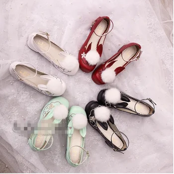 

cosplay Japanese kawaii sweet lolita girl shoes rabbit ear hair ball kawaii shoes round head thick heel princess women shoes