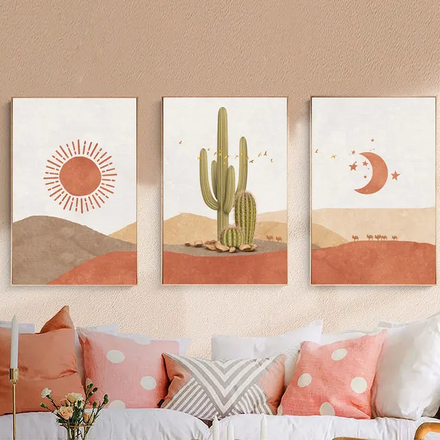 Abstract Landscape Sun and Moon Scene Boho Canvas Prints Cactus Wall Art Nordic Desert Wall Picture for Living Room Home Decor 2