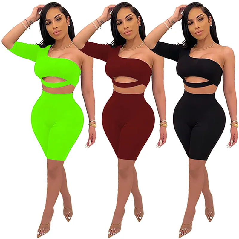 

Womens Sexy Solid Color One Shoulder Two-piece Set