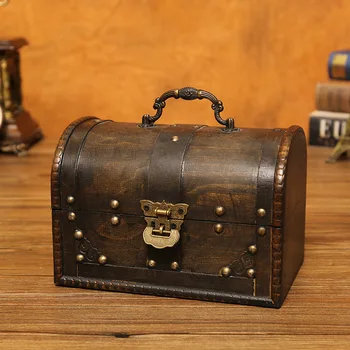 

Retro Wooden Jewelry Storage Box with Hand-held Organizer Set Receiving Box with Lock Treasure game props