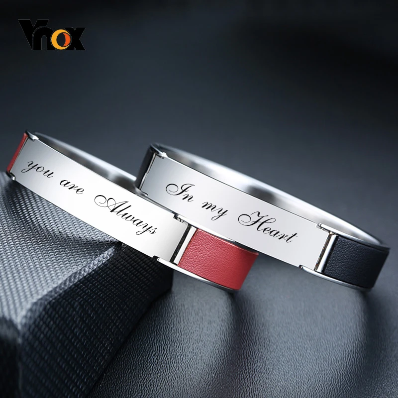 

Vnox Custom Engrave His and Her Couple Bracelets for Women Men Stainless Steel Genuine Leather Bangle Promise Love Gifts