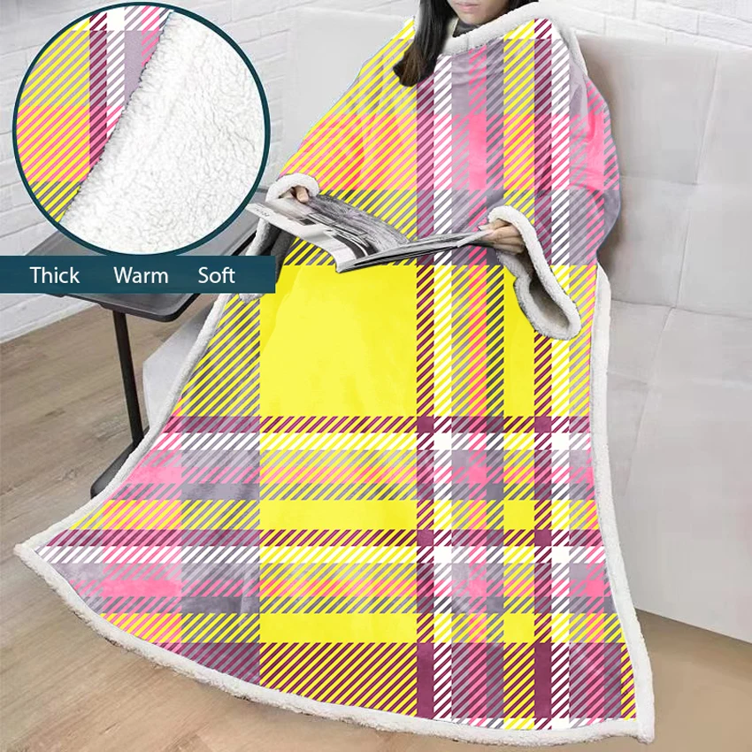 

Plaid Soft Lazy Blanket Polyester Geometric Blanket Adult Children 3D Digital Printing Cotton Velvet Thick Blanket with Sleeves