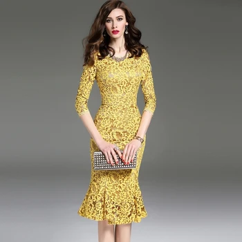 

2020 Spring Summer Elegant Dress Women Lace Yellow Bodycon Dress Vintage Party Dresses Fashion Vestido Bandage KJ2154