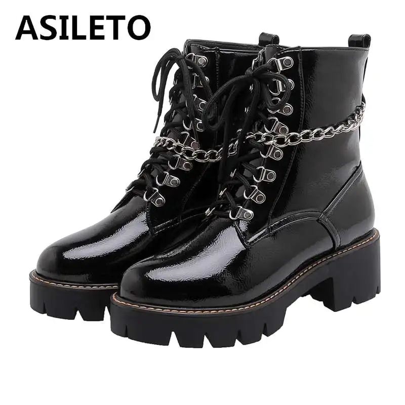 

ASILETO Rock punk women shoes motorcycle boots women zipper patent leather high heels platform cross-tied party ankle boots bota