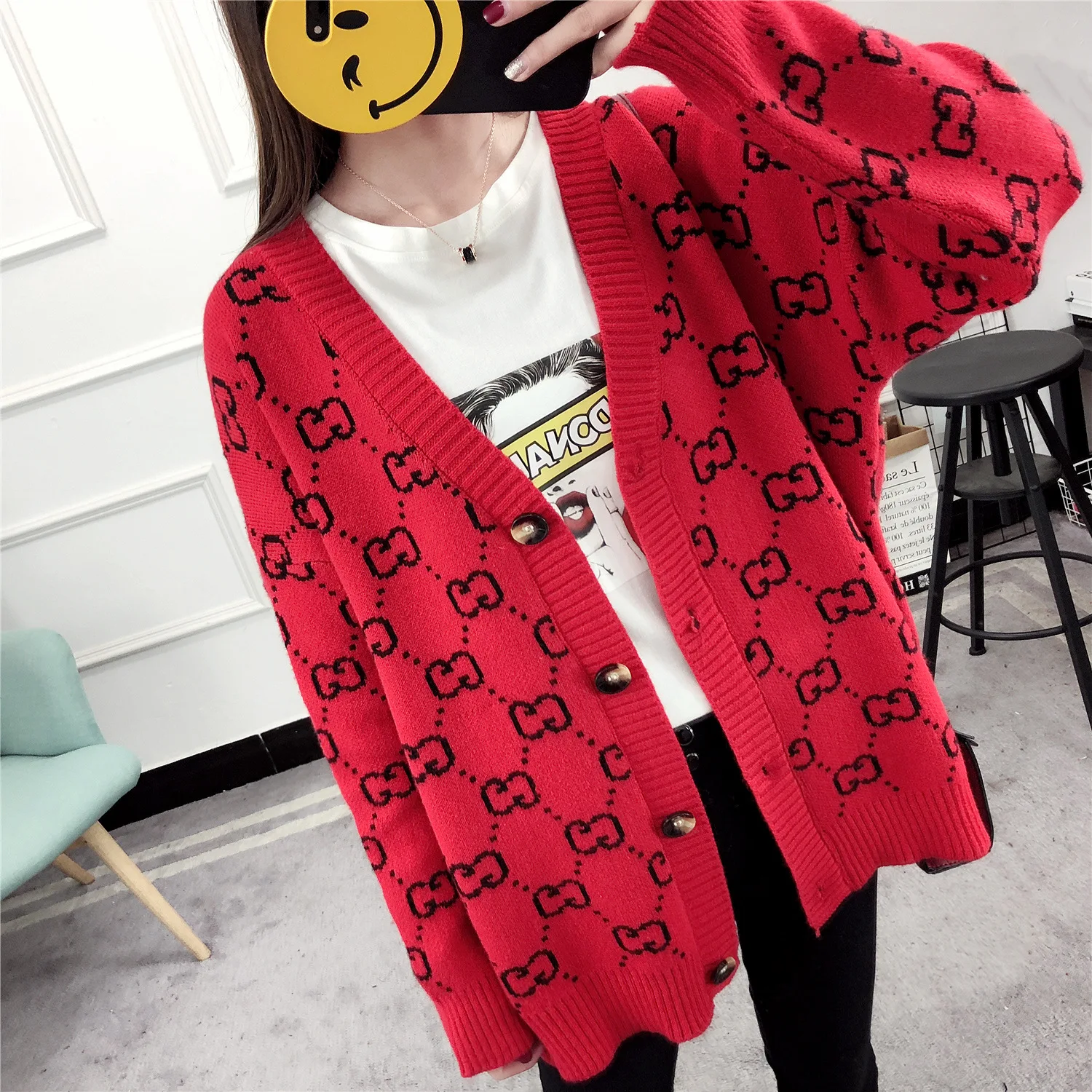 

Sweater casual cardigan 2019 new fashion v-neck button print Spring and autumn loose knitt thick women sweaters vestidos LXJ819